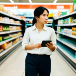 A Vietnamese woman, mid-30s, standing in a brightly lit supermarket aisle. She is fully clothed in a modest, smart-casual outfit, a light blouse and dark trousers, appropriate attire. She holds a shopping basket and looks thoughtfully at a price tag on a shelf, a subtle expression of concern on her face, conveying the feeling of rising costs. Her natural pose emphasizes the everyday struggle. The background shows blurred shelves stocked with various everyday consumer goods, with clear, modern lighting. high-quality professional photography, perfect anatomy, correct proportions, well-formed hands, proper finger count, natural body proportions, vibrant colors, sharp focus, safe for work, appropriate content, fully clothed, modest, family-friendly.