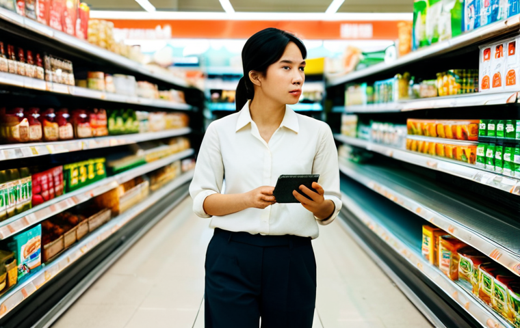A Vietnamese woman, mid-30s, standing in a brightly lit supermarket aisle. She is fully clothed in a modest, smart-casual outfit, a light blouse and dark trousers, appropriate attire. She holds a shopping basket and looks thoughtfully at a price tag on a shelf, a subtle expression of concern on her face, conveying the feeling of rising costs. Her natural pose emphasizes the everyday struggle. The background shows blurred shelves stocked with various everyday consumer goods, with clear, modern lighting. high-quality professional photography, perfect anatomy, correct proportions, well-formed hands, proper finger count, natural body proportions, vibrant colors, sharp focus, safe for work, appropriate content, fully clothed, modest, family-friendly.