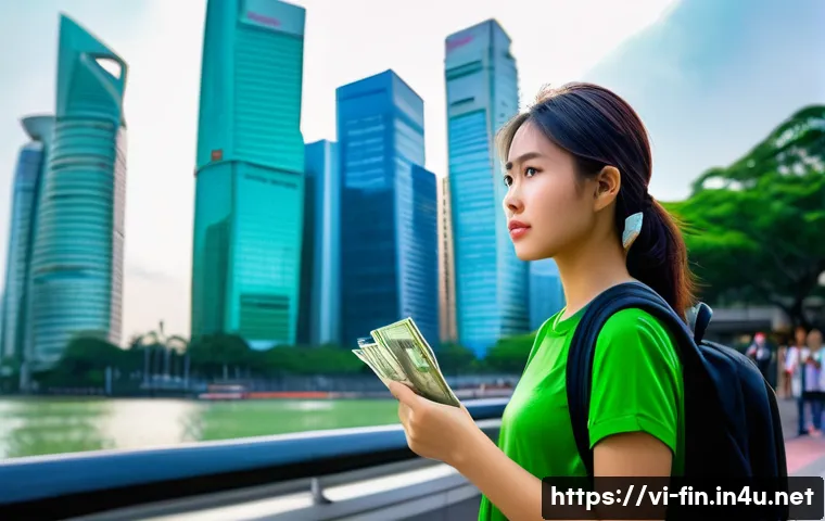 환율 계산기 추천 앱 - A young Vietnamese woman, in her early 20s, with a slightly anxious expression, stands on a bustling...