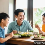 환율 변동 분석 사례 - A cheerful Vietnamese family of four, including a mother, father, a young boy, and a young girl, sha...