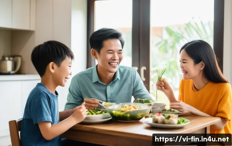 환율 변동 분석 사례 - A cheerful Vietnamese family of four, including a mother, father, a young boy, and a young girl, sha...