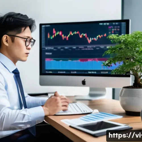 외화 ETF 투자 전략 - A modern Vietnamese investor sitting at a sleek desk in a bright office, analyzing multiple digital ...