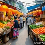 환율이 소비자에게 미치는 영향 - A bustling Vietnamese market scene with diverse consumer goods, featuring vibrant stalls selling loc...