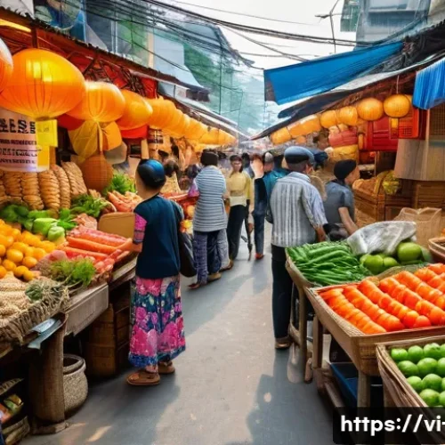 환율이 소비자에게 미치는 영향 - A bustling Vietnamese market scene with diverse consumer goods, featuring vibrant stalls selling loc...