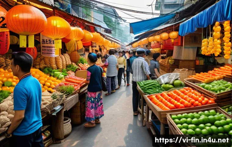 환율이 소비자에게 미치는 영향 - A bustling Vietnamese market scene with diverse consumer goods, featuring vibrant stalls selling loc...