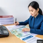 Home 20 외화 송금 세금 - A detailed, professional office scene depicting a Vietnamese individual preparing tax documents rela...