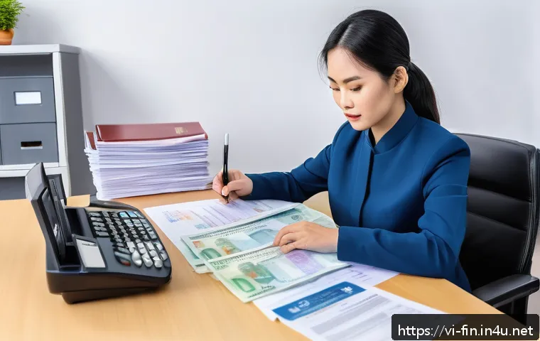 외화 송금 세금 - A detailed, professional office scene depicting a Vietnamese individual preparing tax documents rela...
