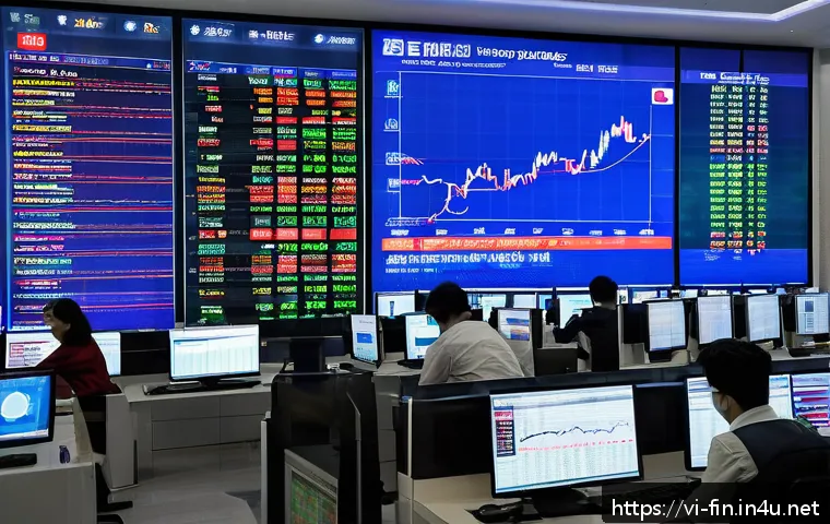 주요 통화의 환율 특징 - A dynamic financial trading room in Vietnam with multiple large digital screens displaying real-time...