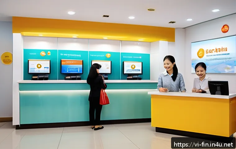 은행 예금 금리 비교 - A modern Vietnamese bank branch interior with friendly staff assisting diverse customers of various ...